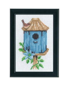 Permin 13-9422 Borduurpakket Vogelhuisje blauw 9x14 cm - STUK