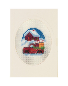 Permin 17-8234 Borduurpakket kerstkaart Rode vrachtwagen 9x13 cm - STUK