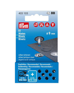 Prym 403103 Navul siernieten Messing 9mm zilverkleurig 32st - Kaart